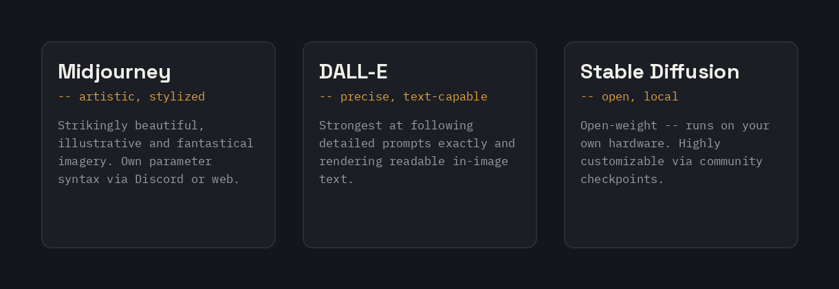 Comparison of Midjourney, DALL-E, and Stable Diffusion: artistic and stylized, precise and text-capable, open and local
